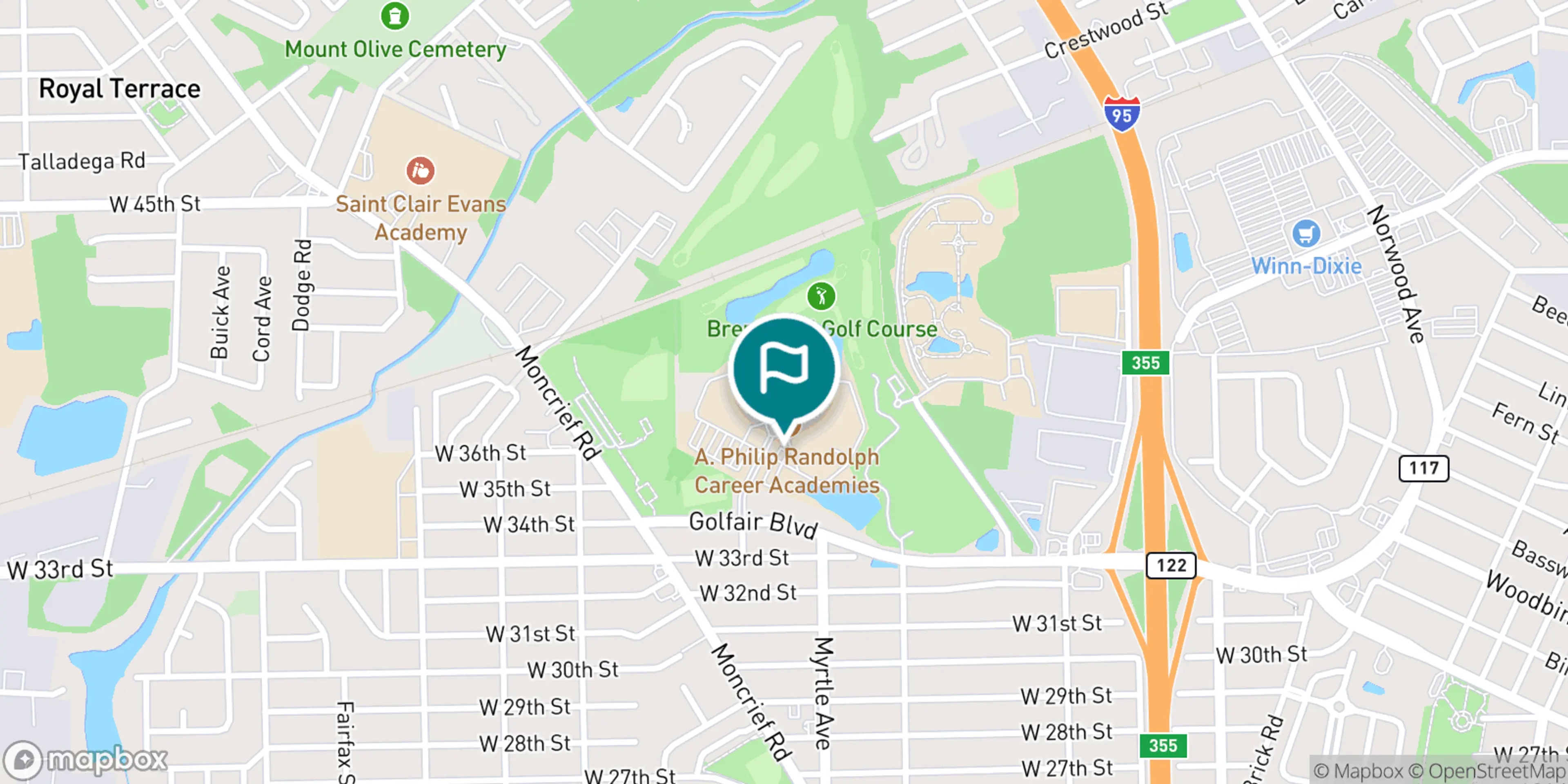 Street map of Brentwood Golf Course and its local surroundings.