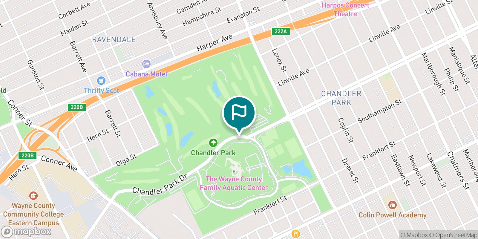 Street map of Chandler Park Golf Course and its local surroundings.
