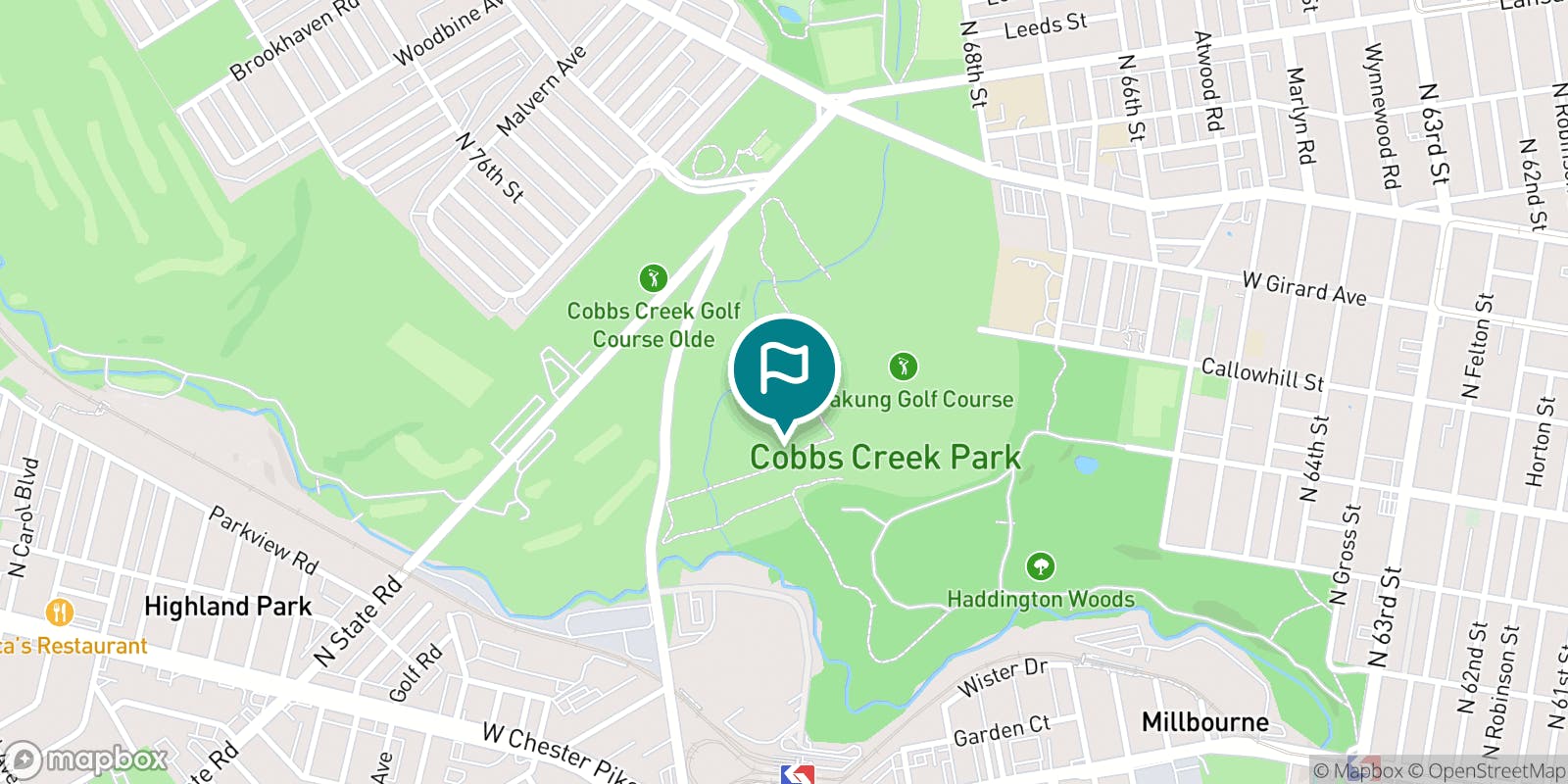 Street map of Cobbs Creek Golf Campus and its local surroundings.