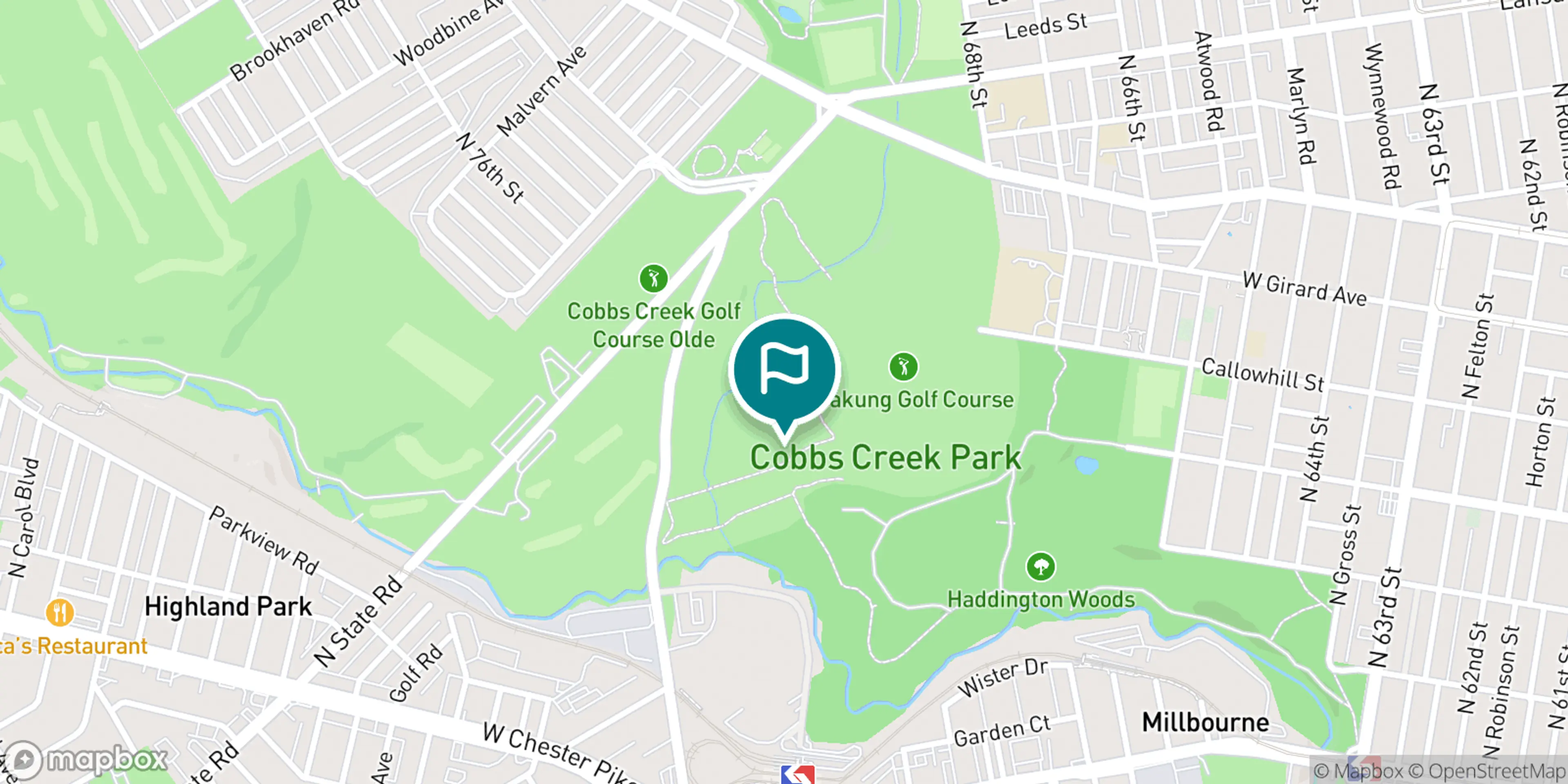 Street map of Cobbs Creek Golf Campus and its local surroundings.