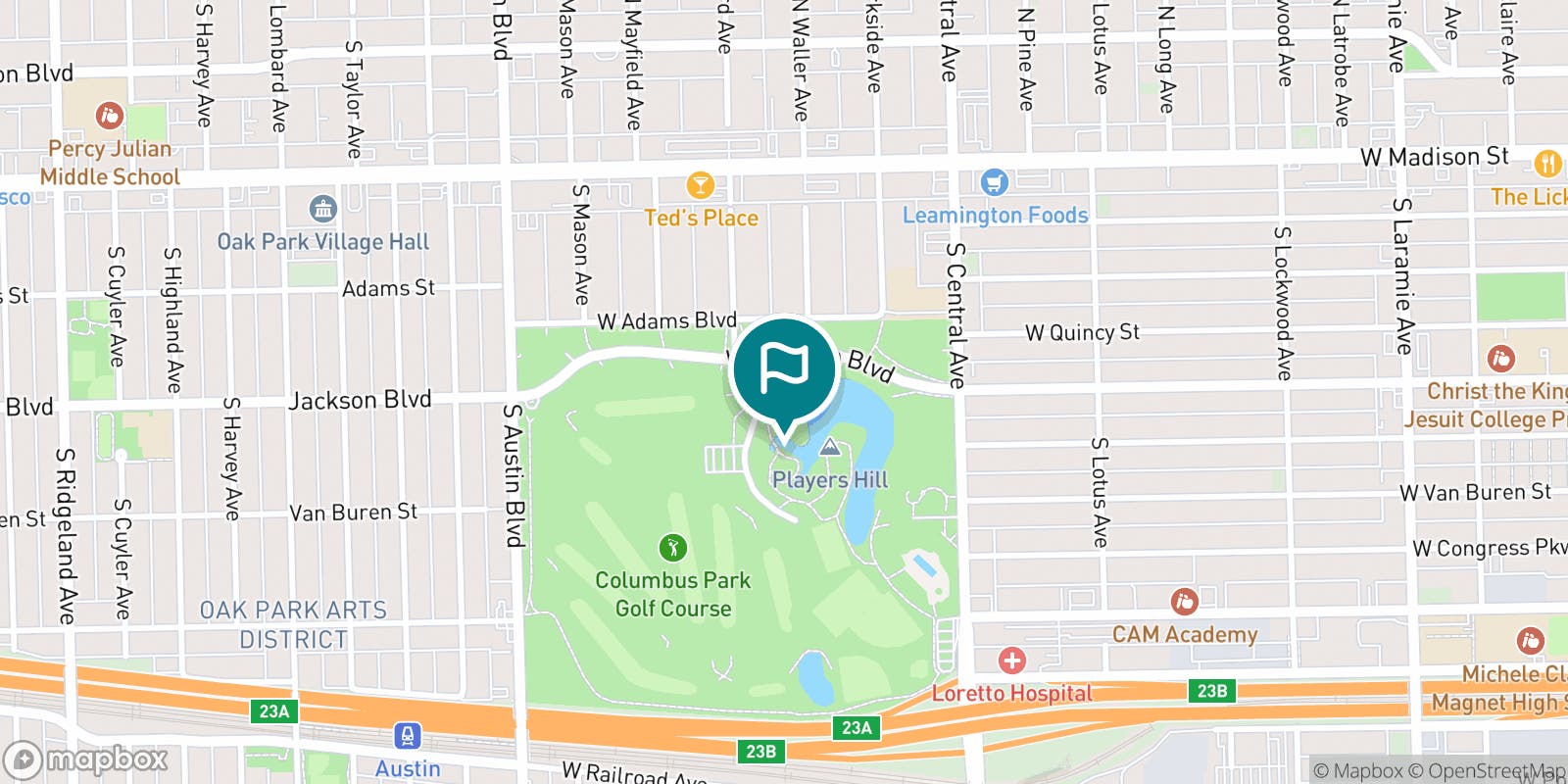 Street map of Columbus Park Golf Course and its local surroundings.