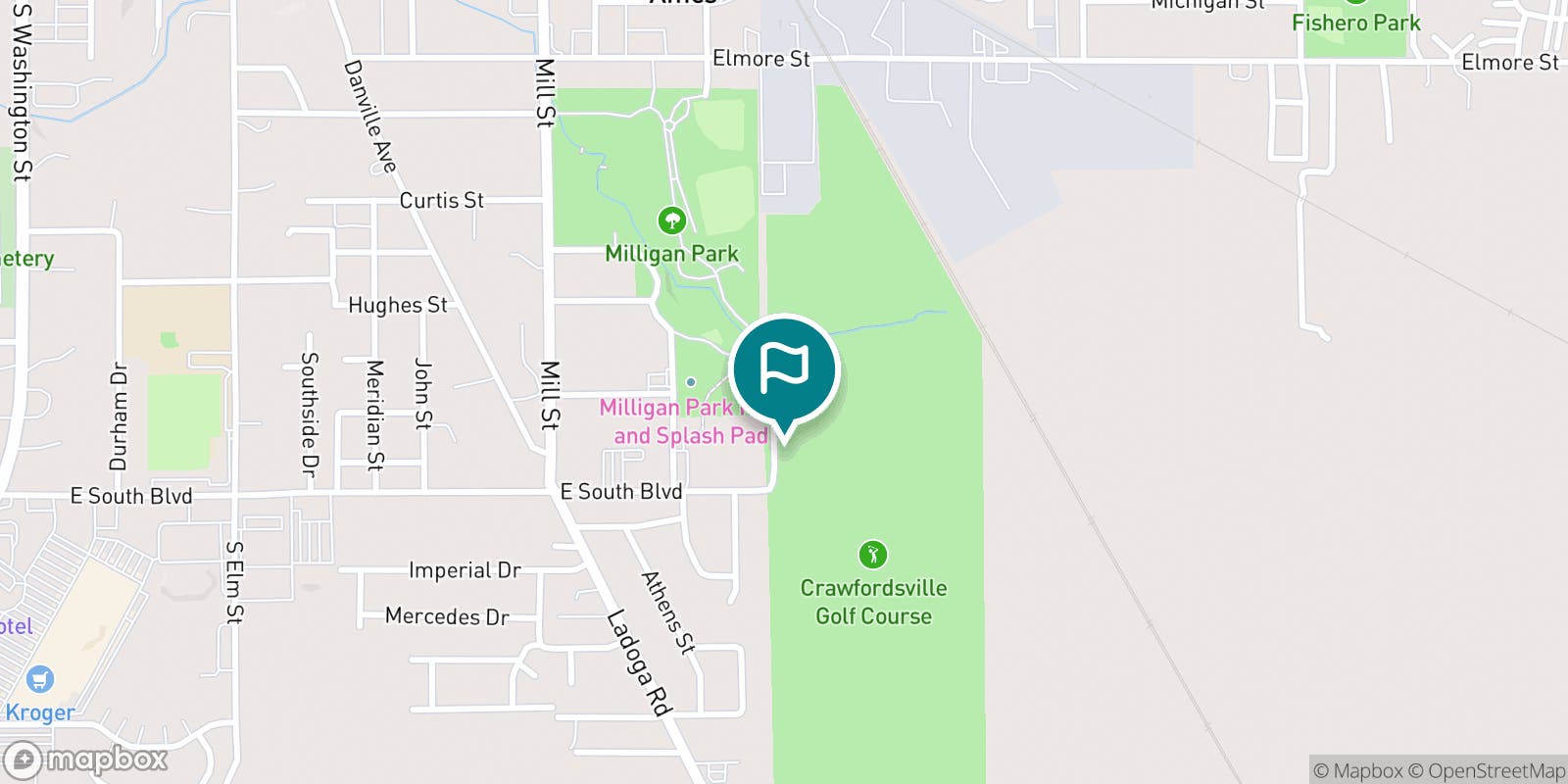 Street map of Crawfordsville Municipal Golf Course and its local surroundings.