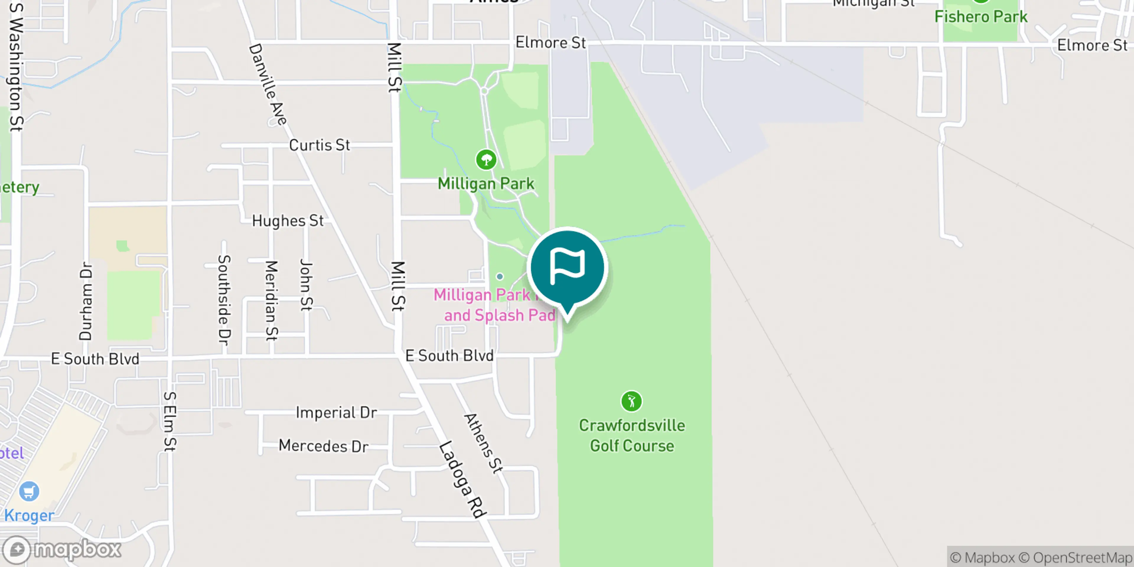 Street map of Crawfordsville Municipal Golf Course and its local surroundings.