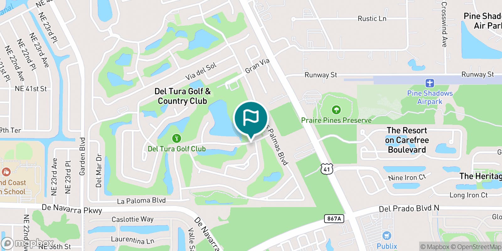 Street map of Del Tura Golf Club and its local surroundings.