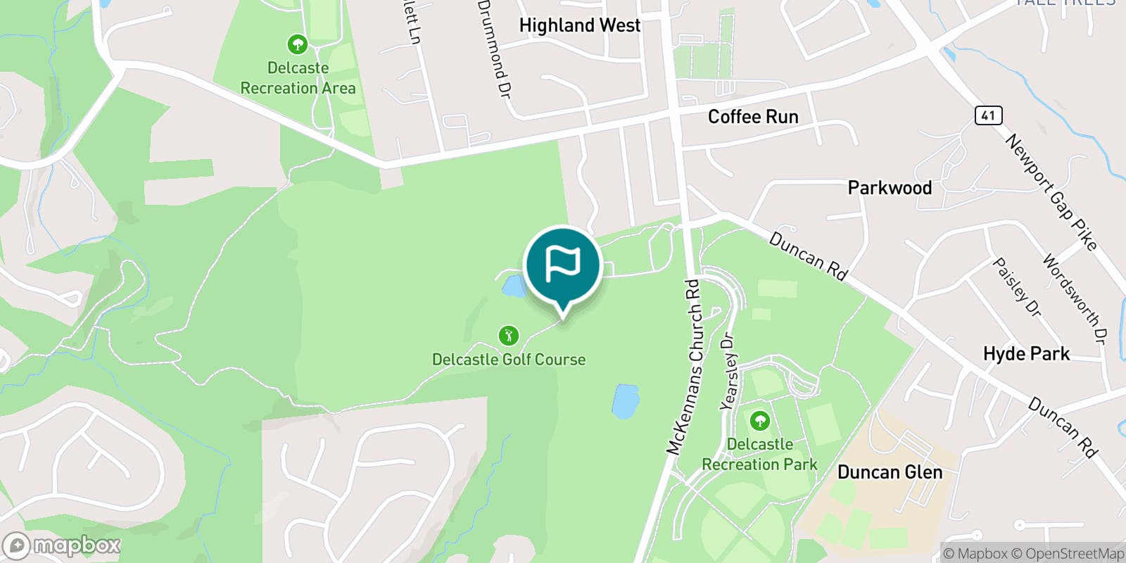 Street map of Delcastle Golf Club and its local surroundings.