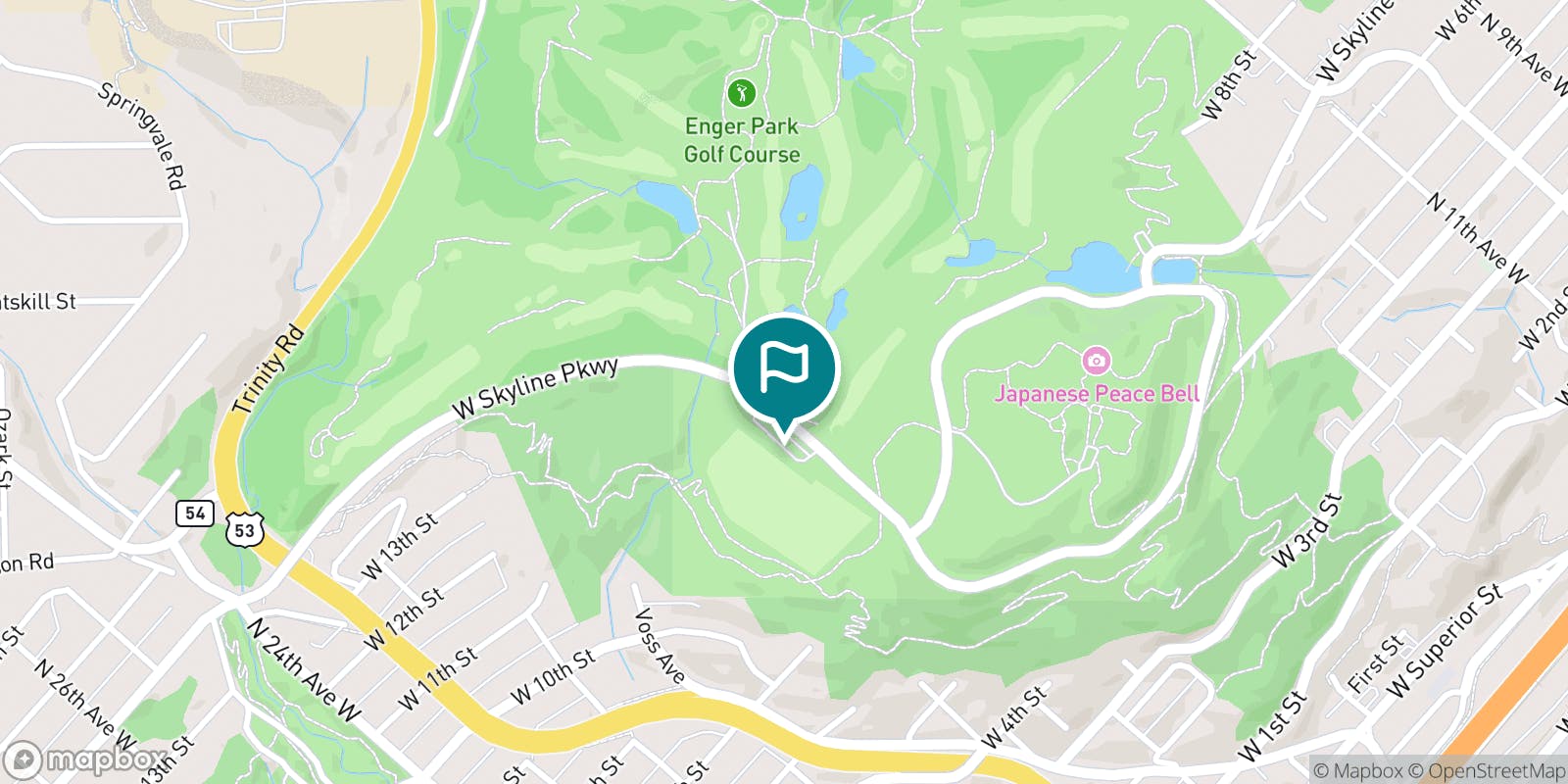 Street map of Enger Park Golf Course and its local surroundings.