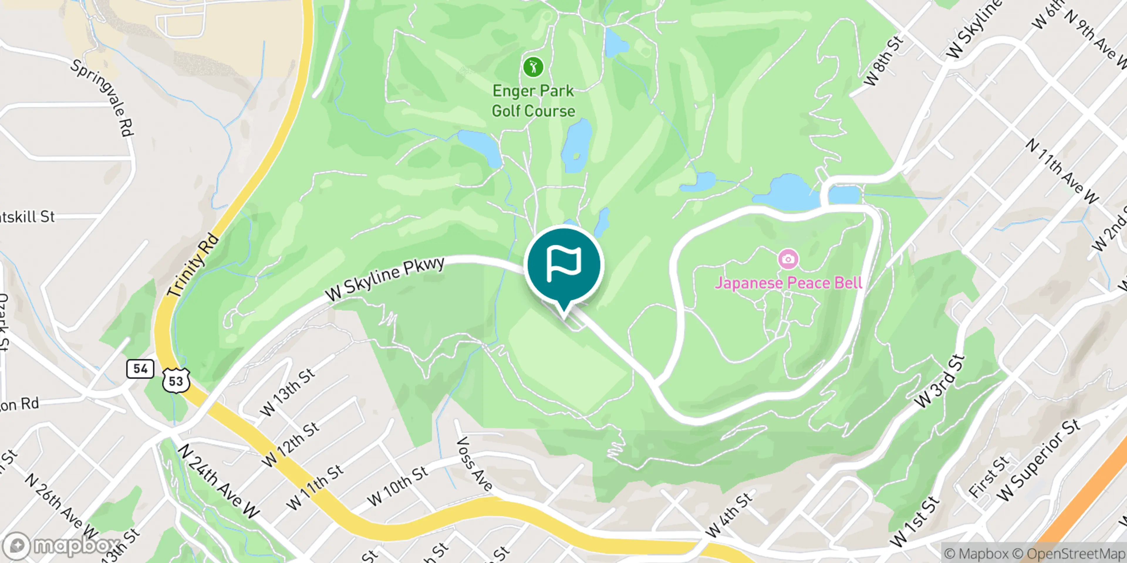 Street map of Enger Park Golf Course and its local surroundings.