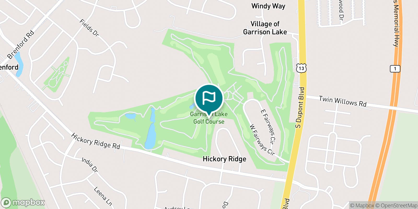 Street map of Garrisons Lake Golf Club  and its local surroundings.
