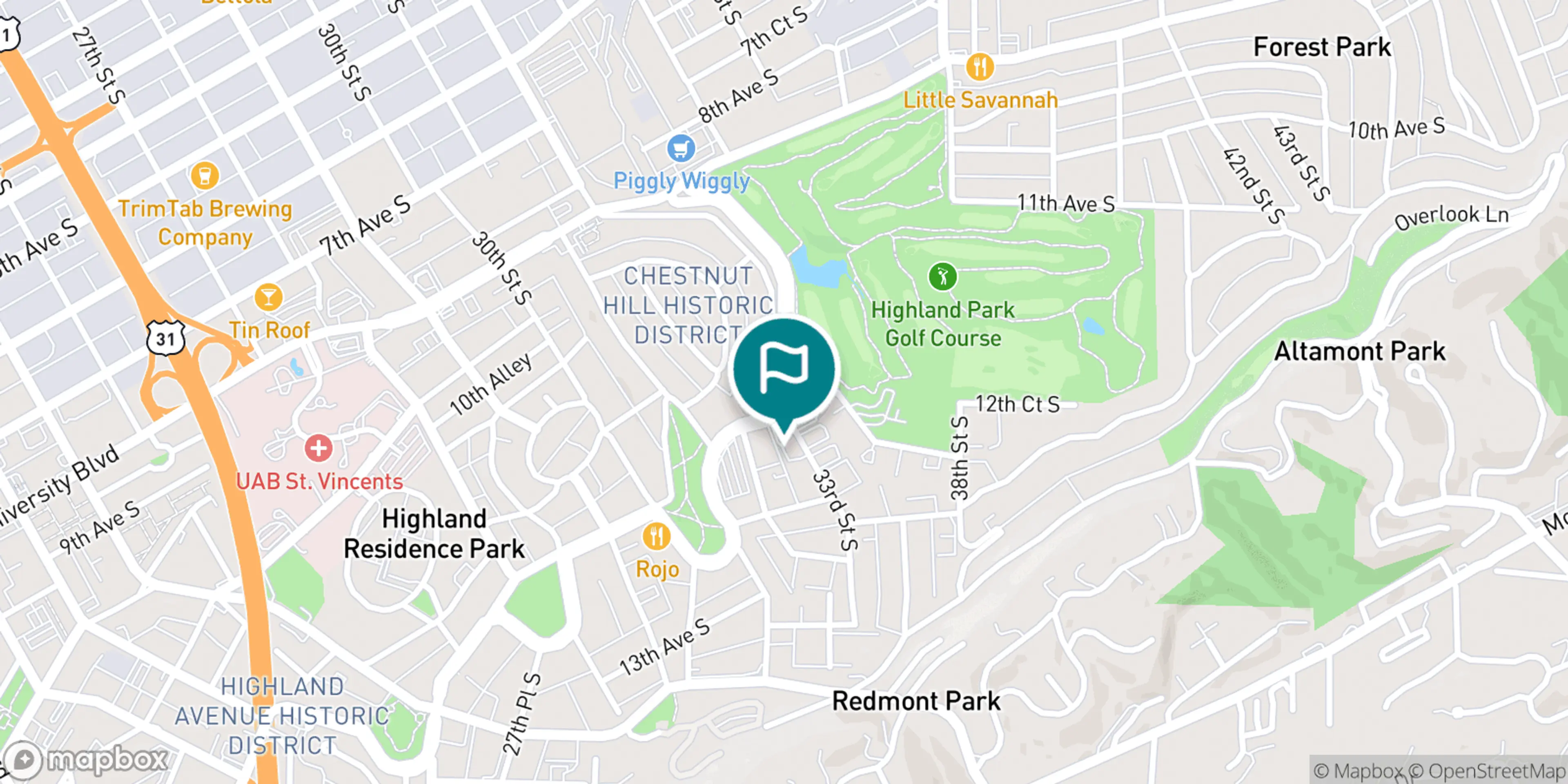 Street map of Highland Park Golf Course and its local surroundings.