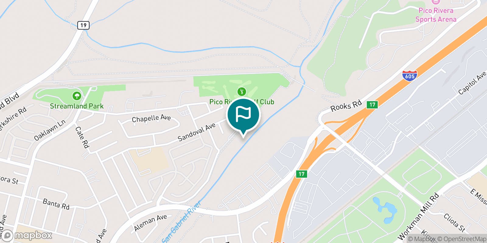 Street map of Pico Rivera Golf Club and its local surroundings.