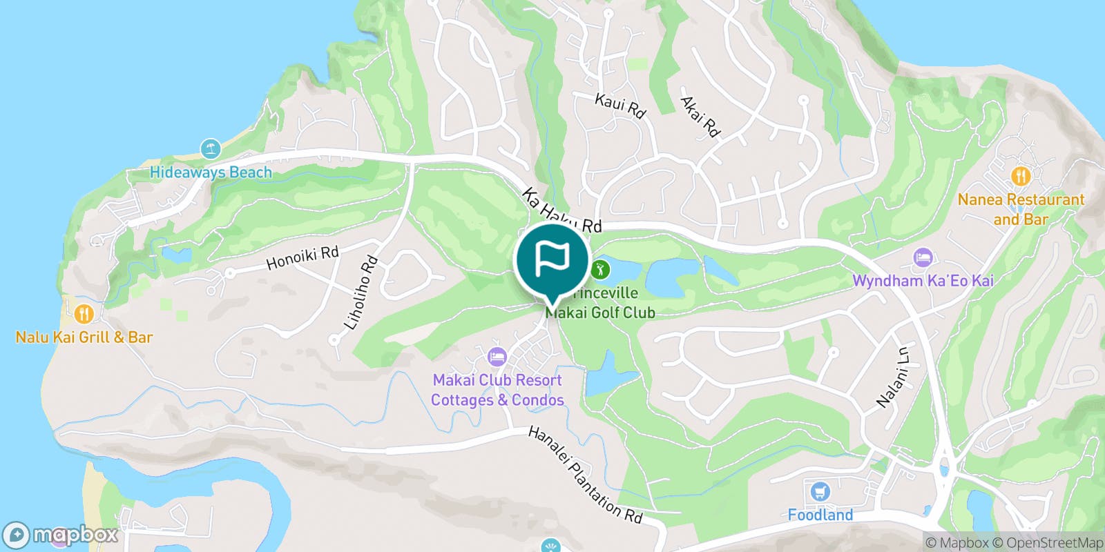 Street map of Princeville Makai Golf Club and its local surroundings.