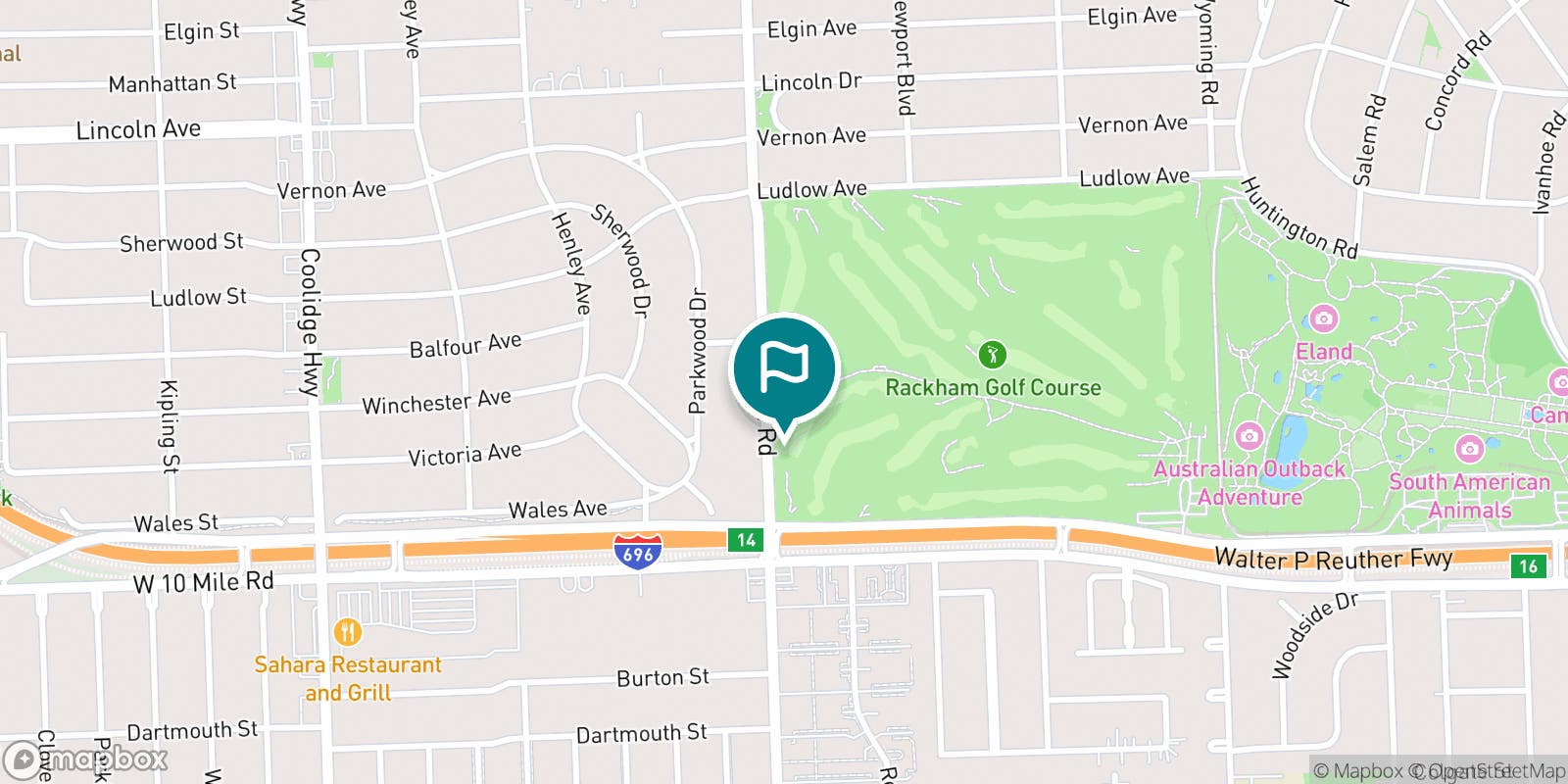Street map of Rackham Golf Course and its local surroundings.