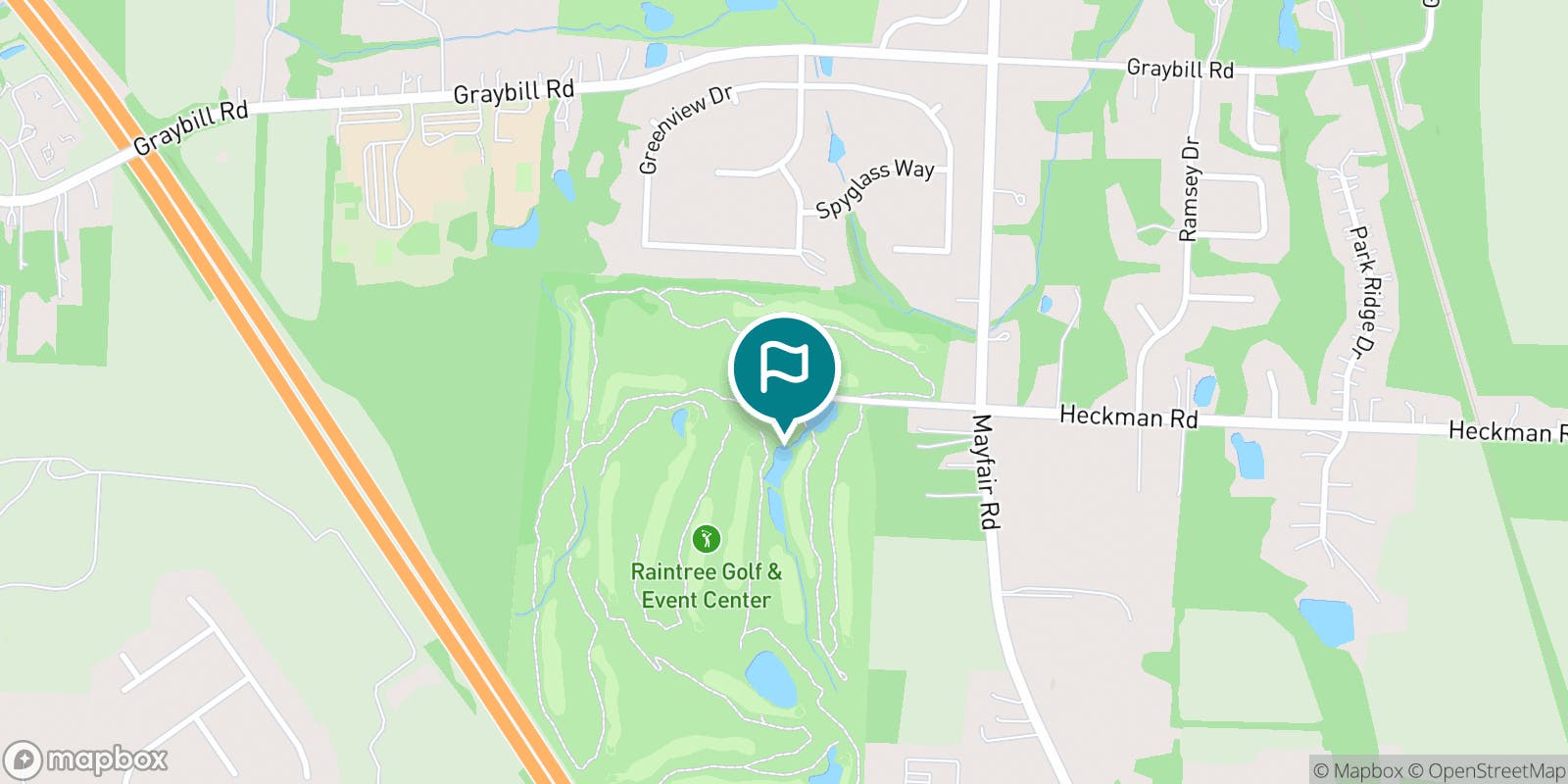 Street map of Raintree Golf and Event Center and its local surroundings.