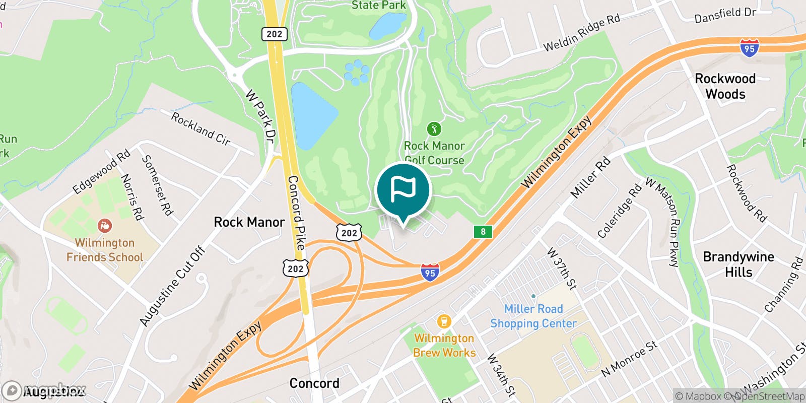 Street map of Rock Manor Golf Course and its local surroundings.