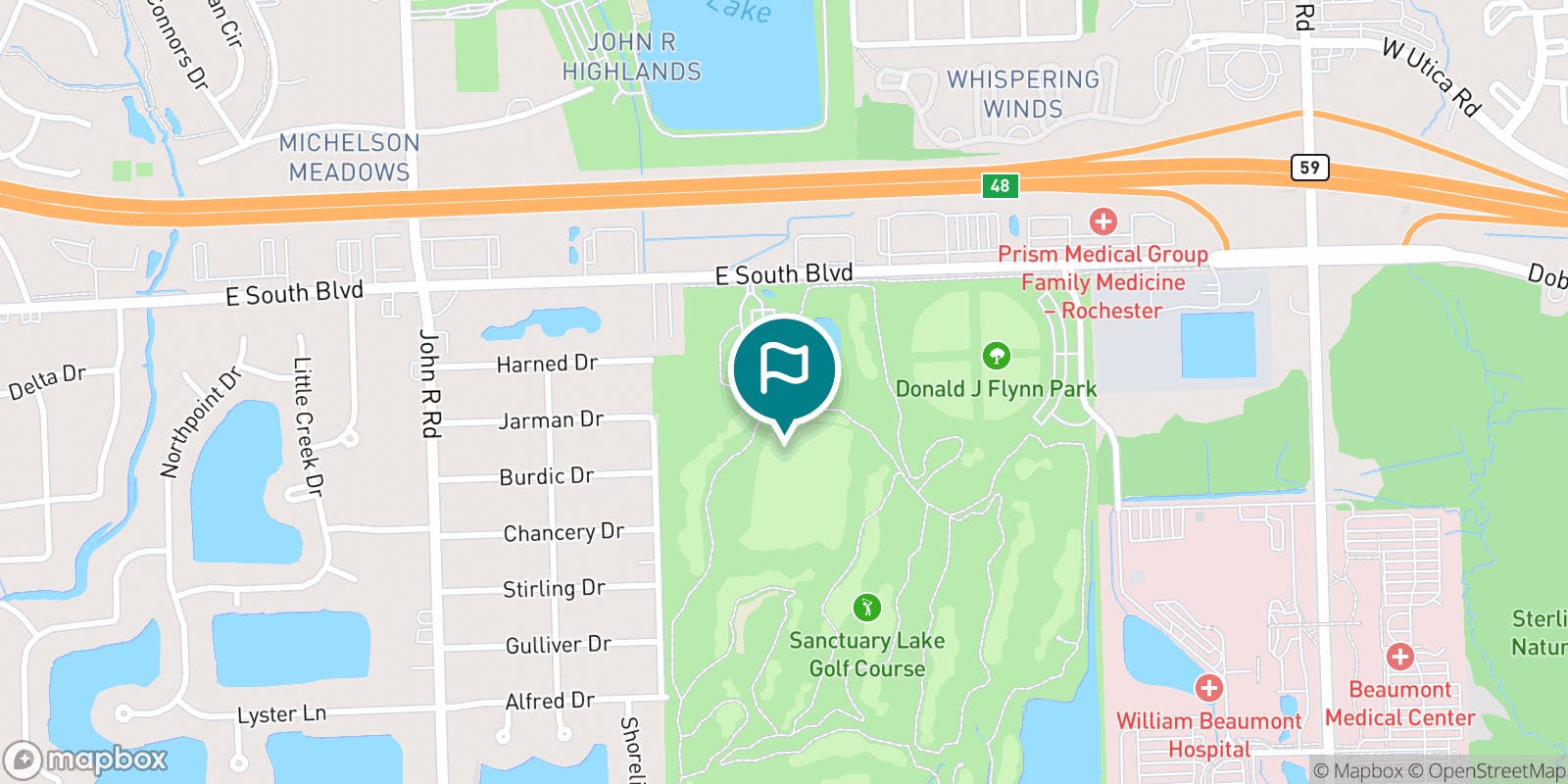 Street map of Sanctuary Lake Golf Course and its local surroundings.