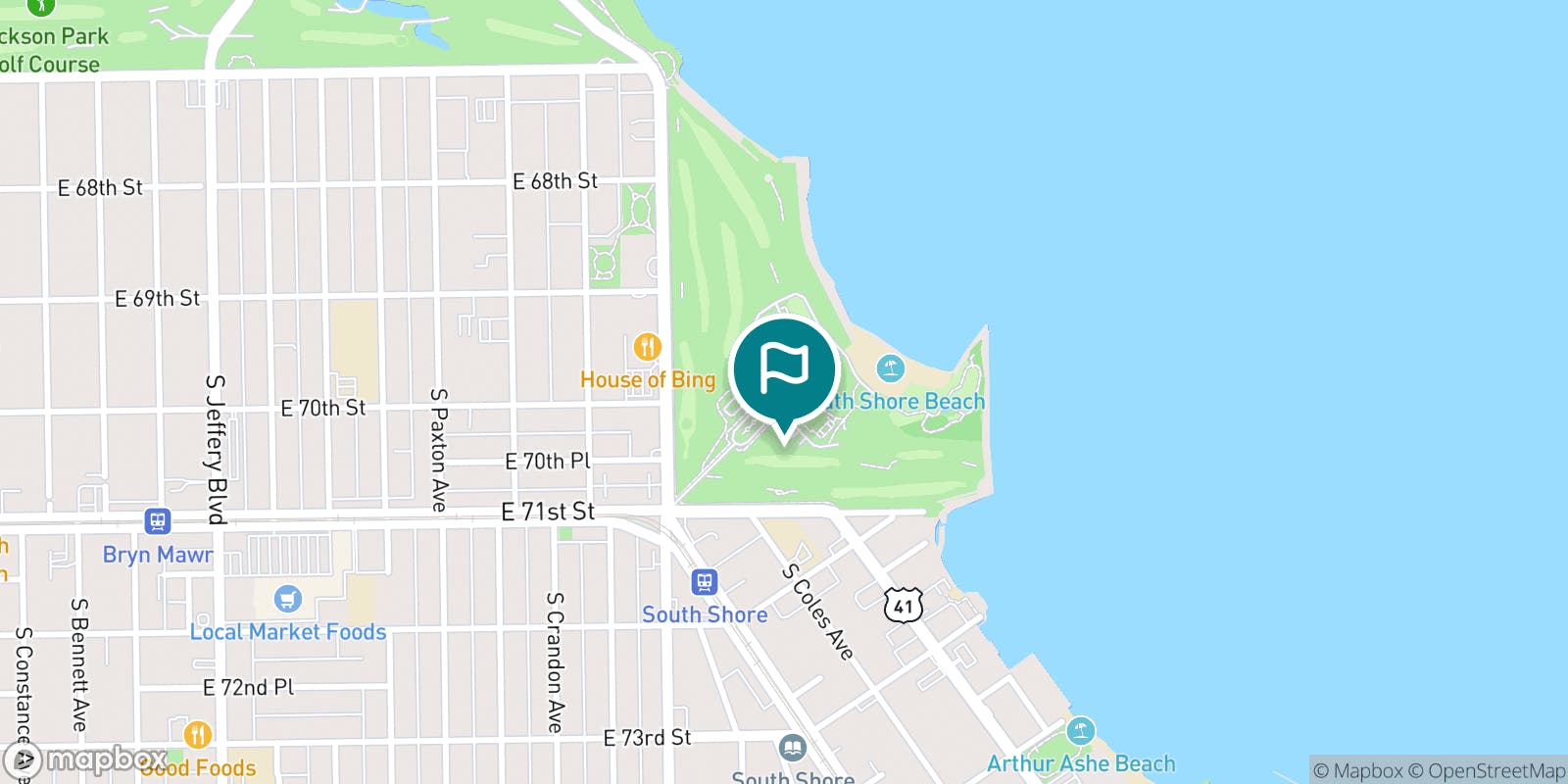 Street map of South Shore Golf Course and its local surroundings.