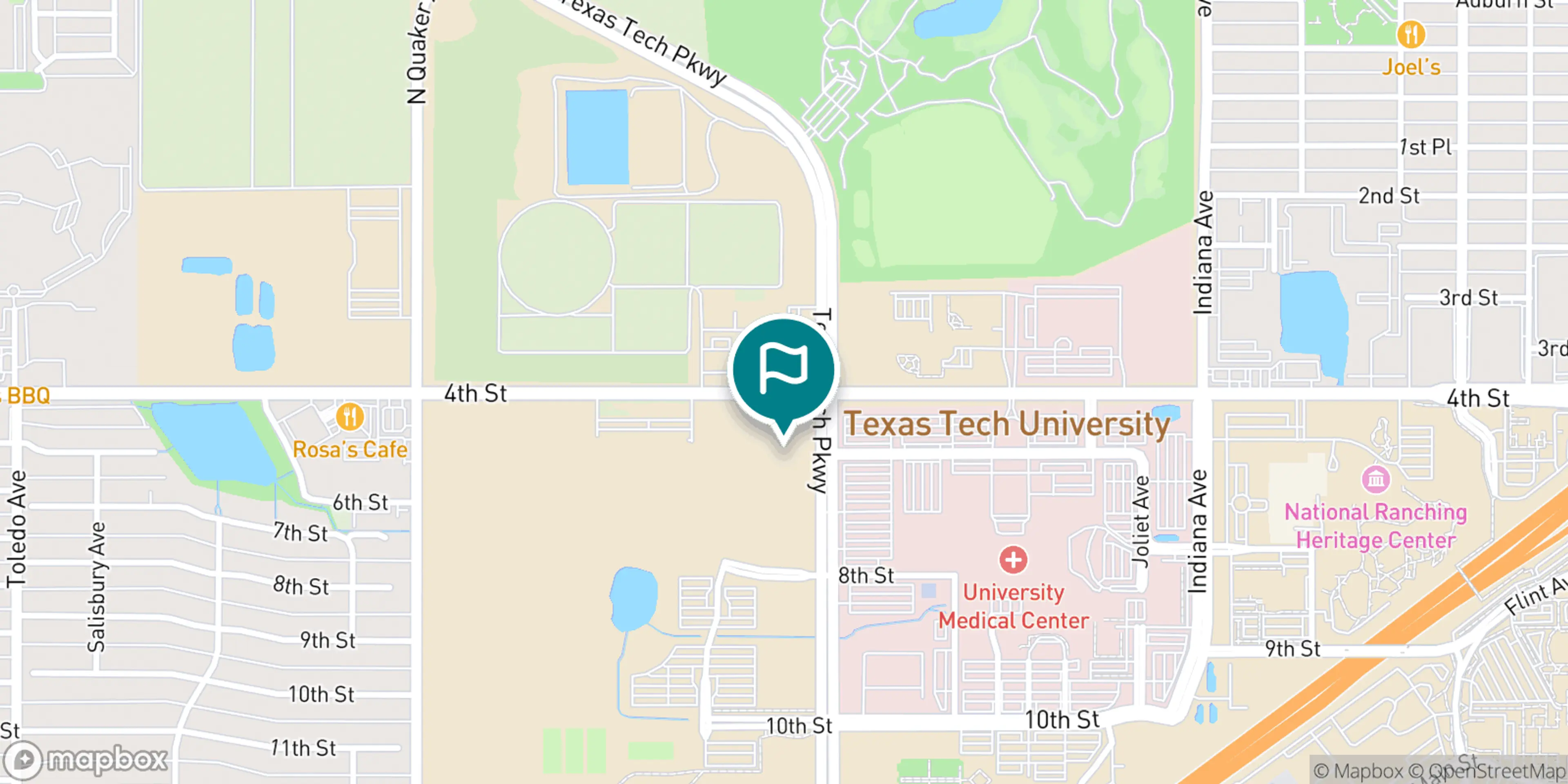 Street map of The Rawls Course at Texas Tech and its local surroundings.