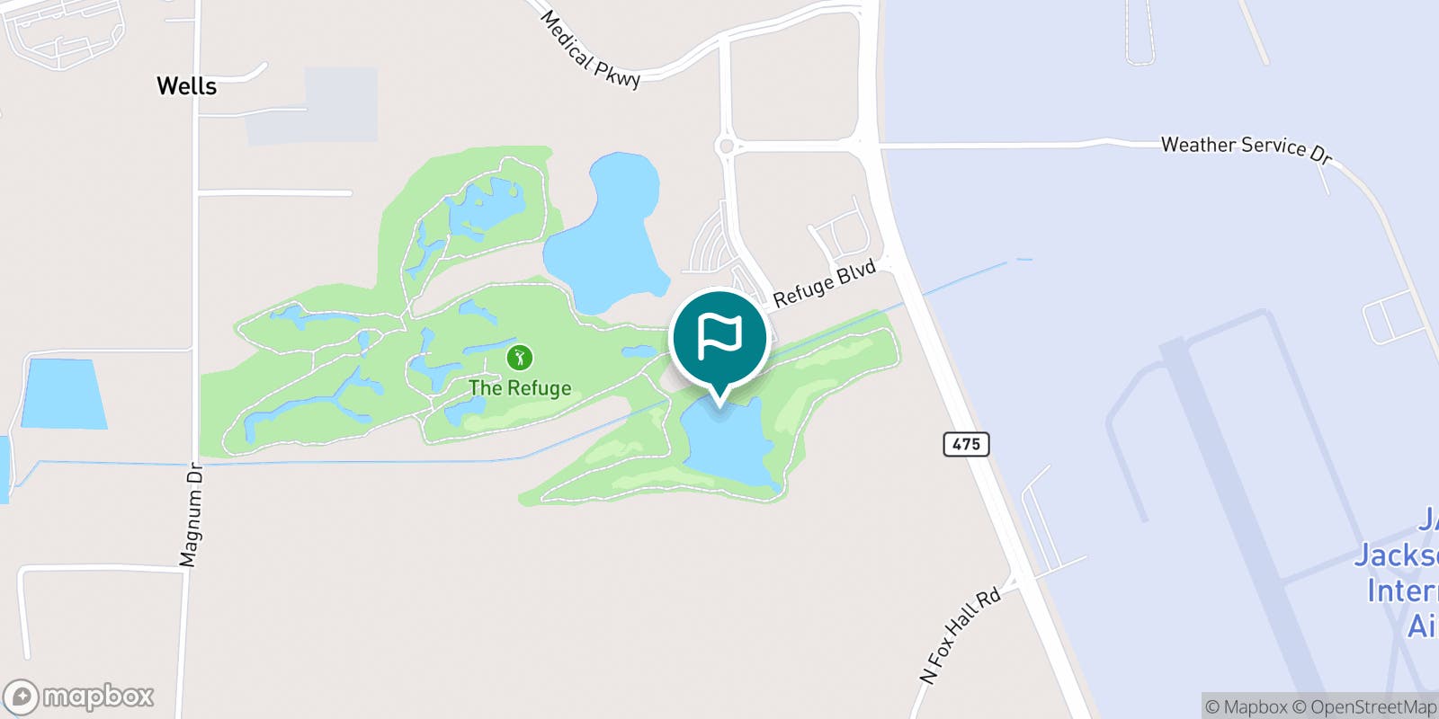 Street map of The Refuge Golf Course and its local surroundings.