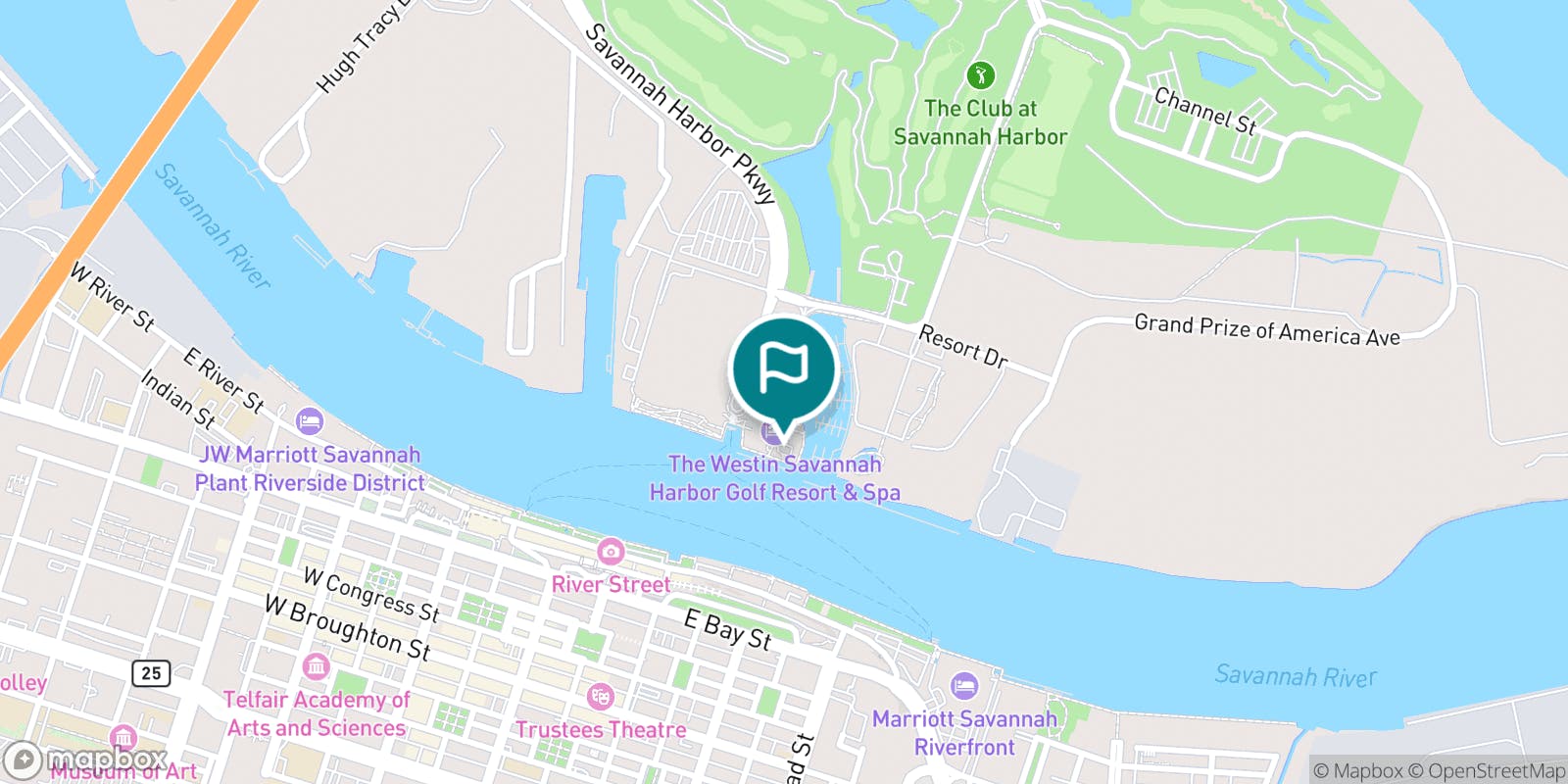 Street map of The Westin Savannah Harbor Golf Resort & Spa and its local surroundings.