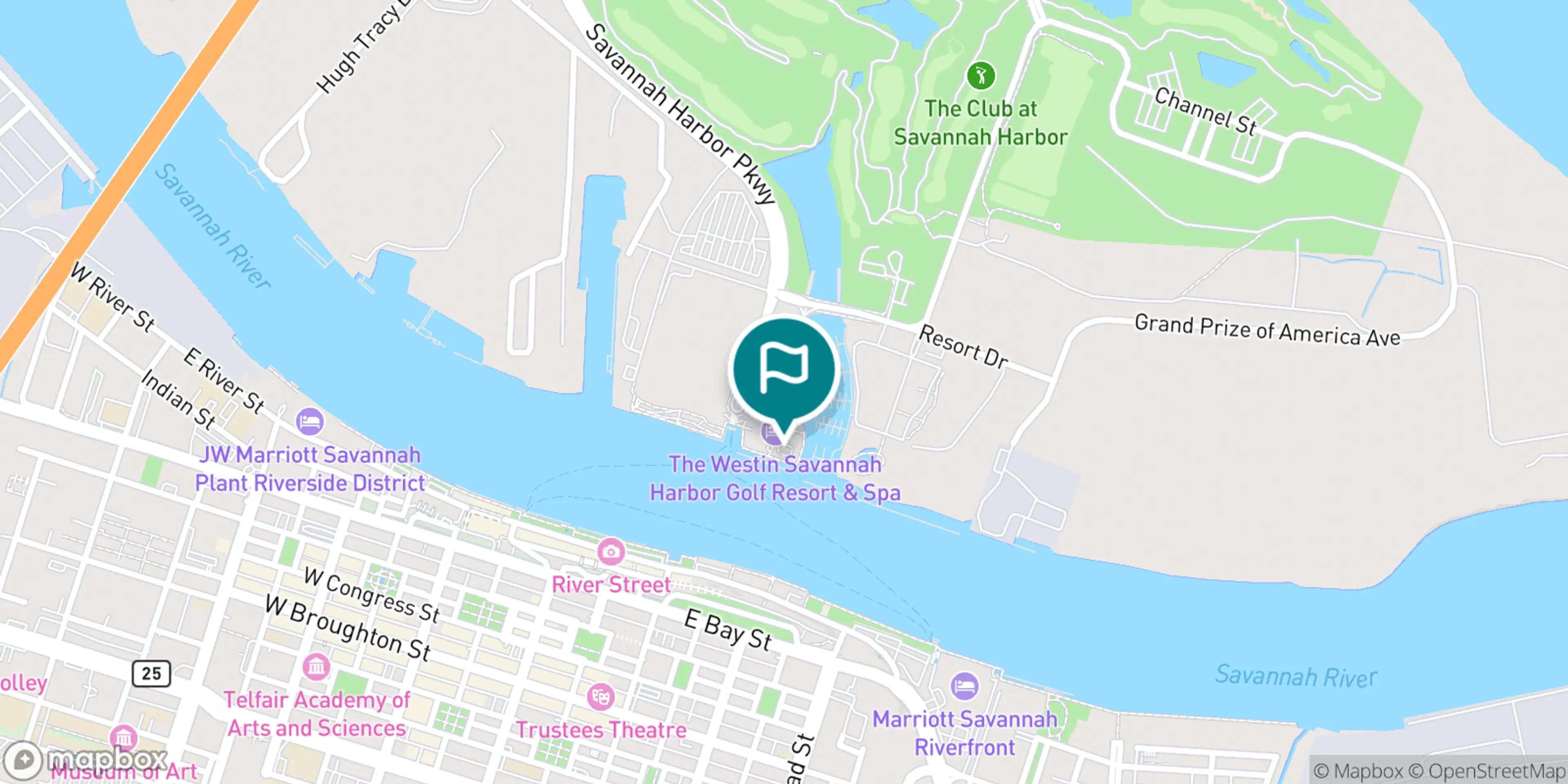 Street map of The Westin Savannah Harbor Golf Resort & Spa and its local surroundings.