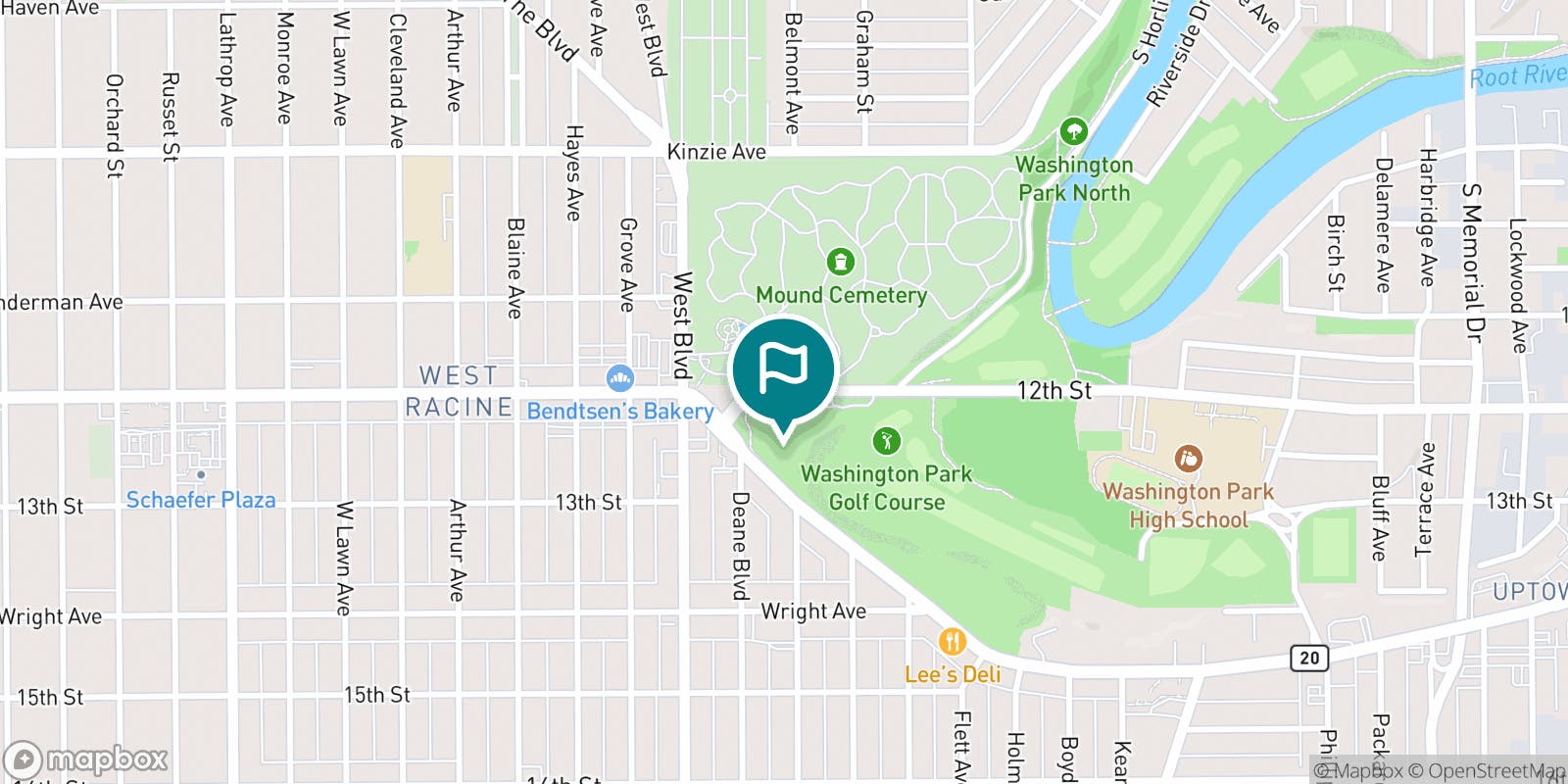 Street map of Washington Park Golf Course and its local surroundings.