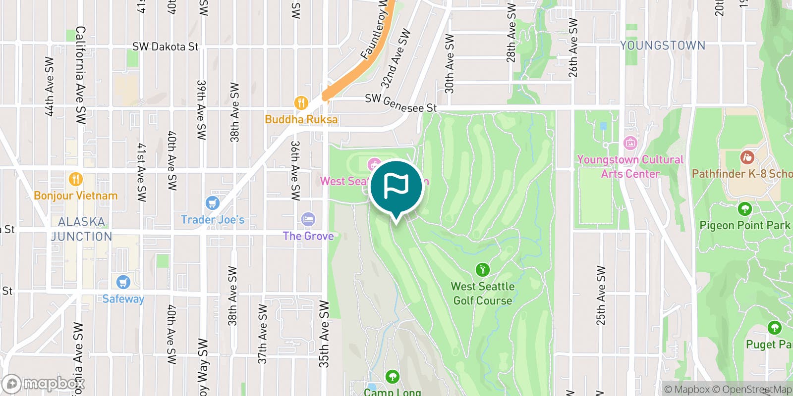 Street map of West Seattle Golf Course and its local surroundings.